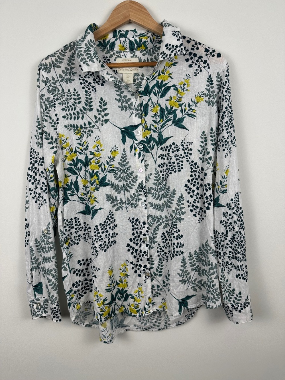 Cynthia Rowley 100% Linen Botanical Floral Button Down Shirt Long Sleeve, Size L